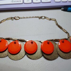 Vintage-Inspired 23" Orange & Gold-Tone Disk Statement Necklace Bar Link Chain